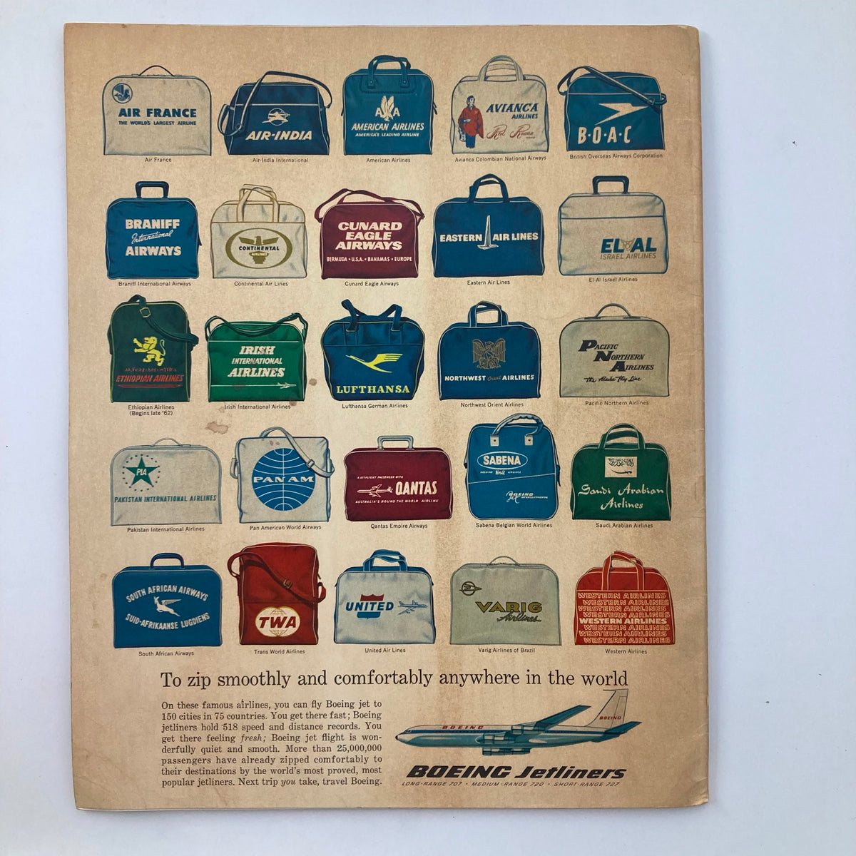 Back cover of VTG USA*1 Magazine August 1962 displaying an advertisement for Boeing Jetliners with vintage airline logos.