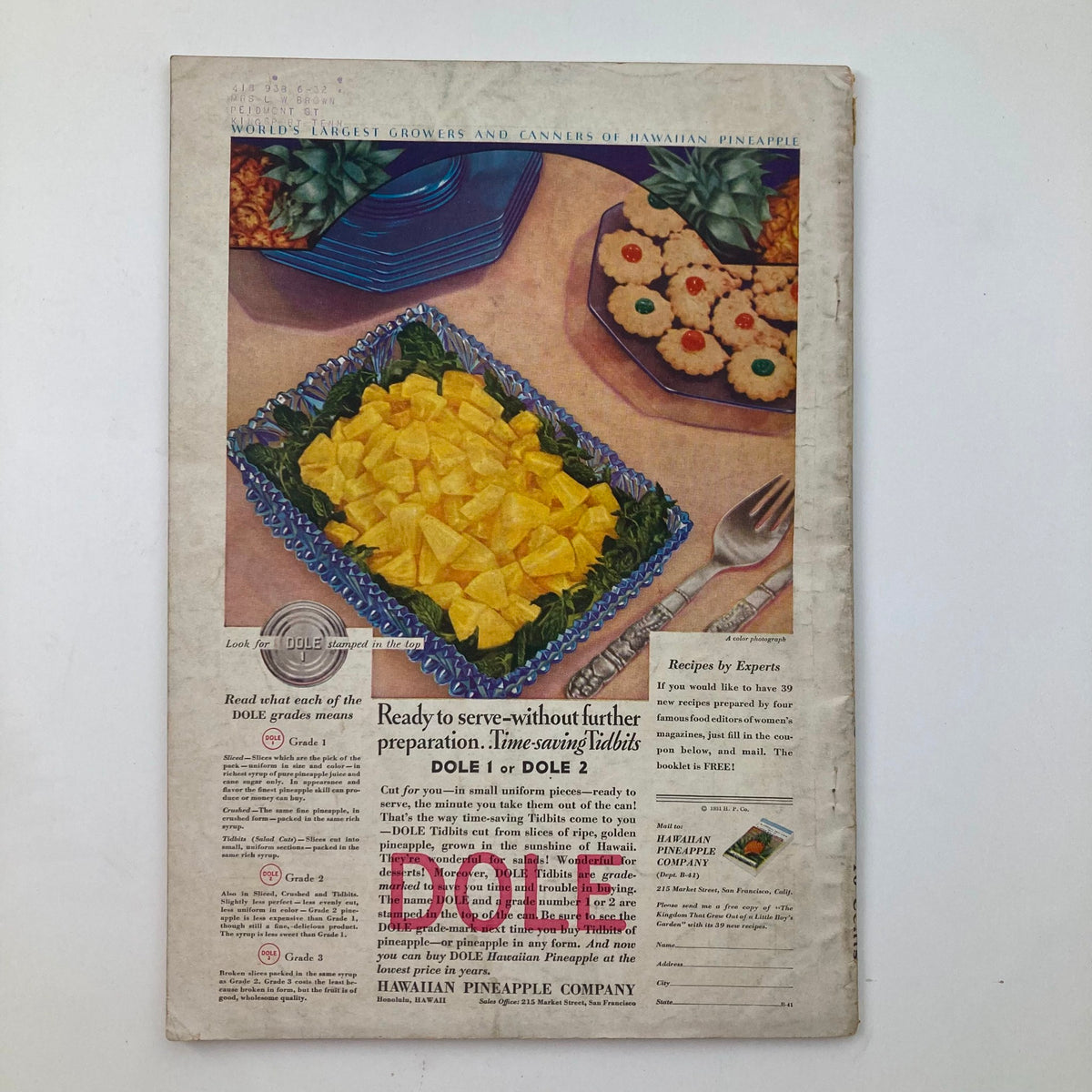 Cover of Better Homes & Gardens Magazine August 1931 featuring a colorful display of Dole Hawaiian pineapple and recipes, titled 'Garden Thoughts in August'.