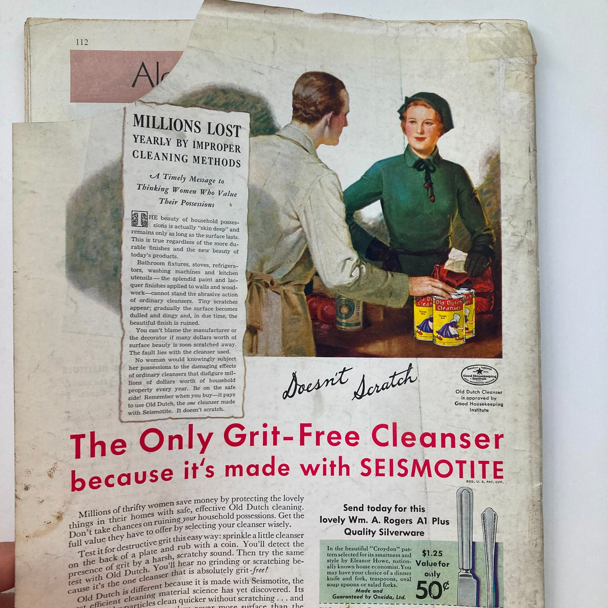 Advertorial page from Better Homes & Gardens Magazine March 1936 featuring a cleaning product advertisement with a historical illustration.
