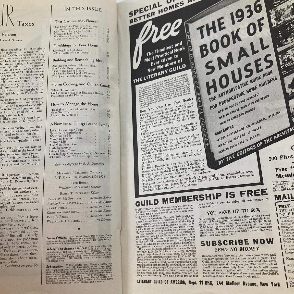 Inside page of Better Homes & Gardens Magazine November 1936 featuring the table of contents and advertisements, reflecting vintage design and articles relevant to home and gardening.
