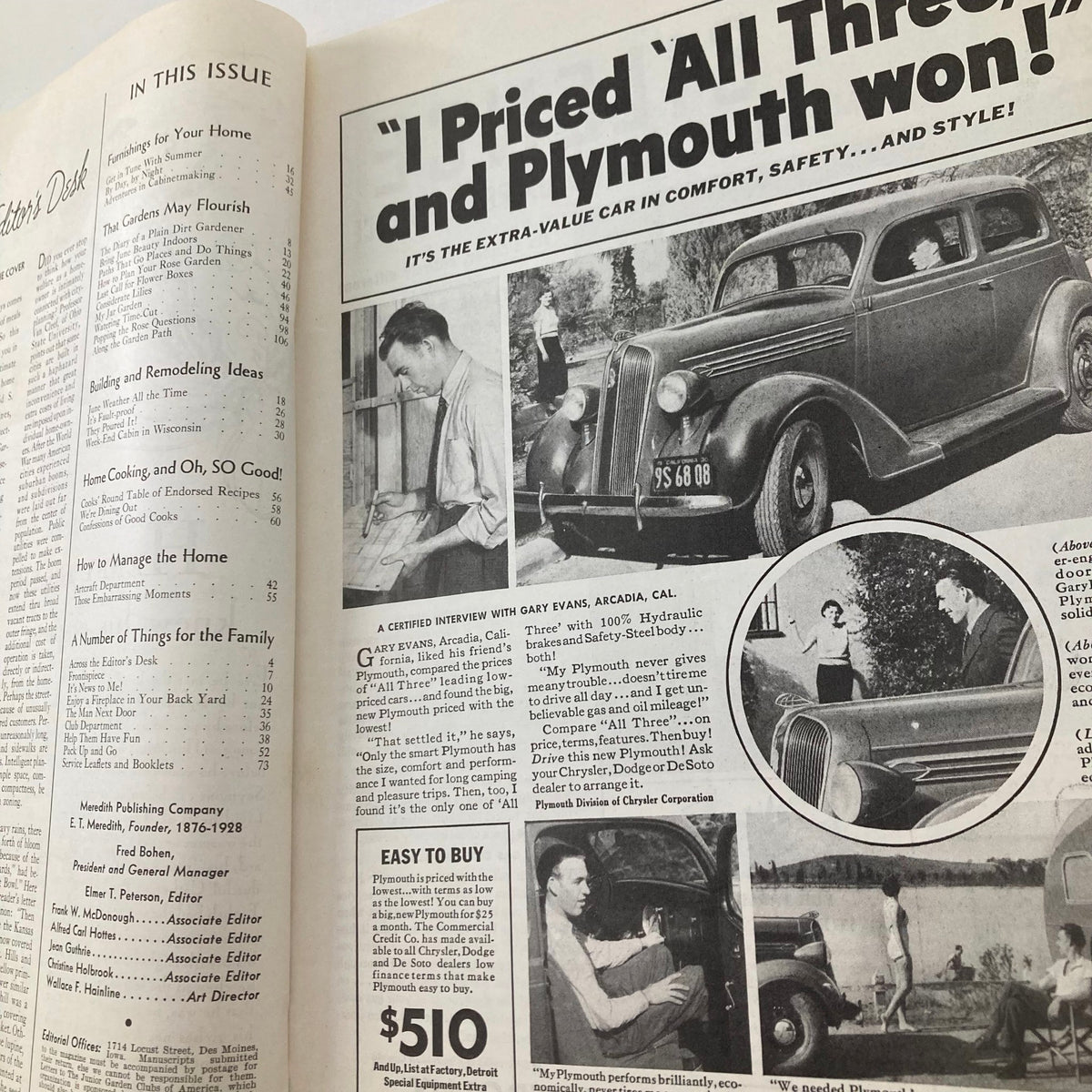 Interior page of Better Homes & Gardens Magazine June 1936 featuring an article with a car advertisement and home improvement ideas, highlighting the lifestyle from the 1930s.