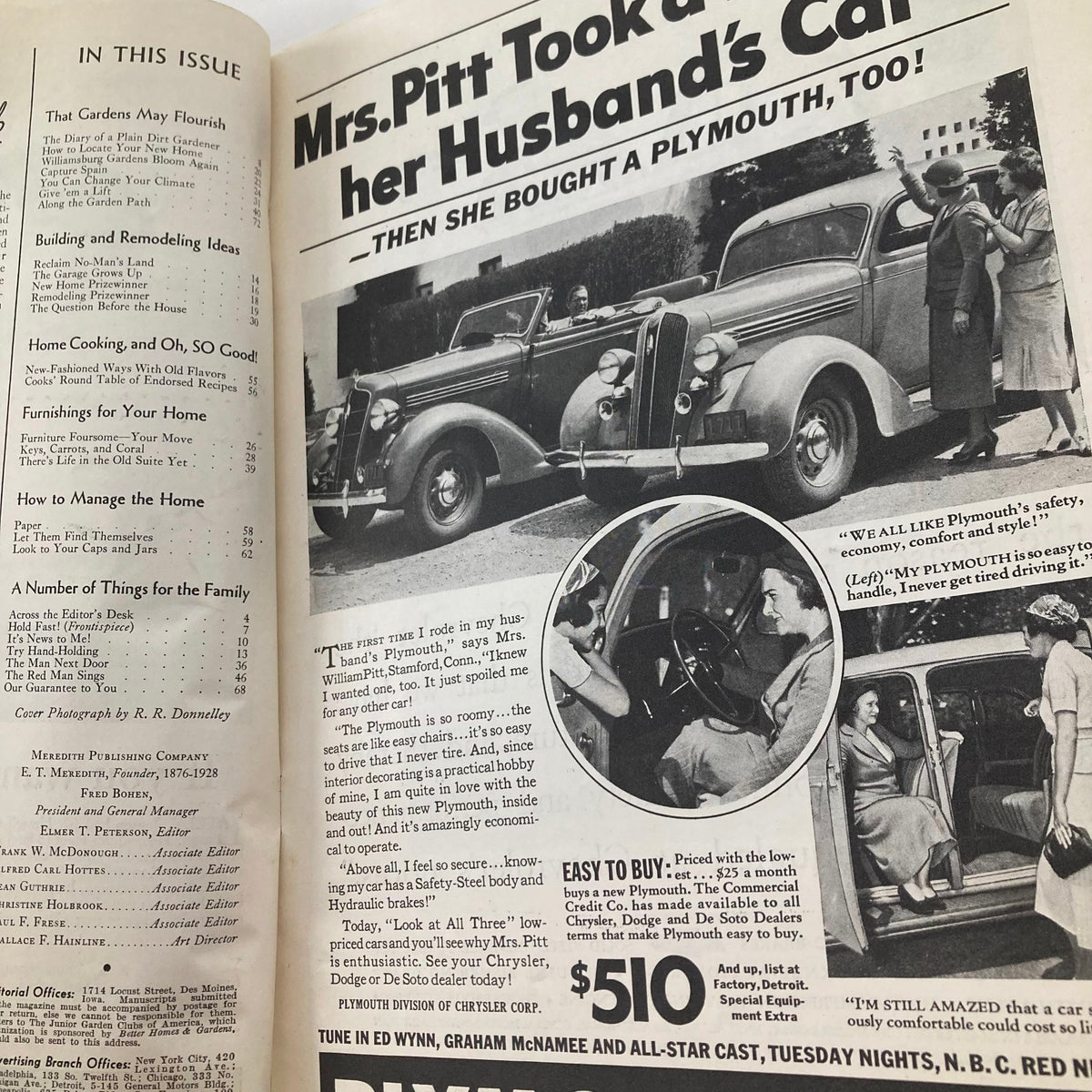 Interior page from Better Homes & Gardens Magazine, August 1936, showcasing an article about Mrs. Pitt and her husband’s new Plymouth car.
