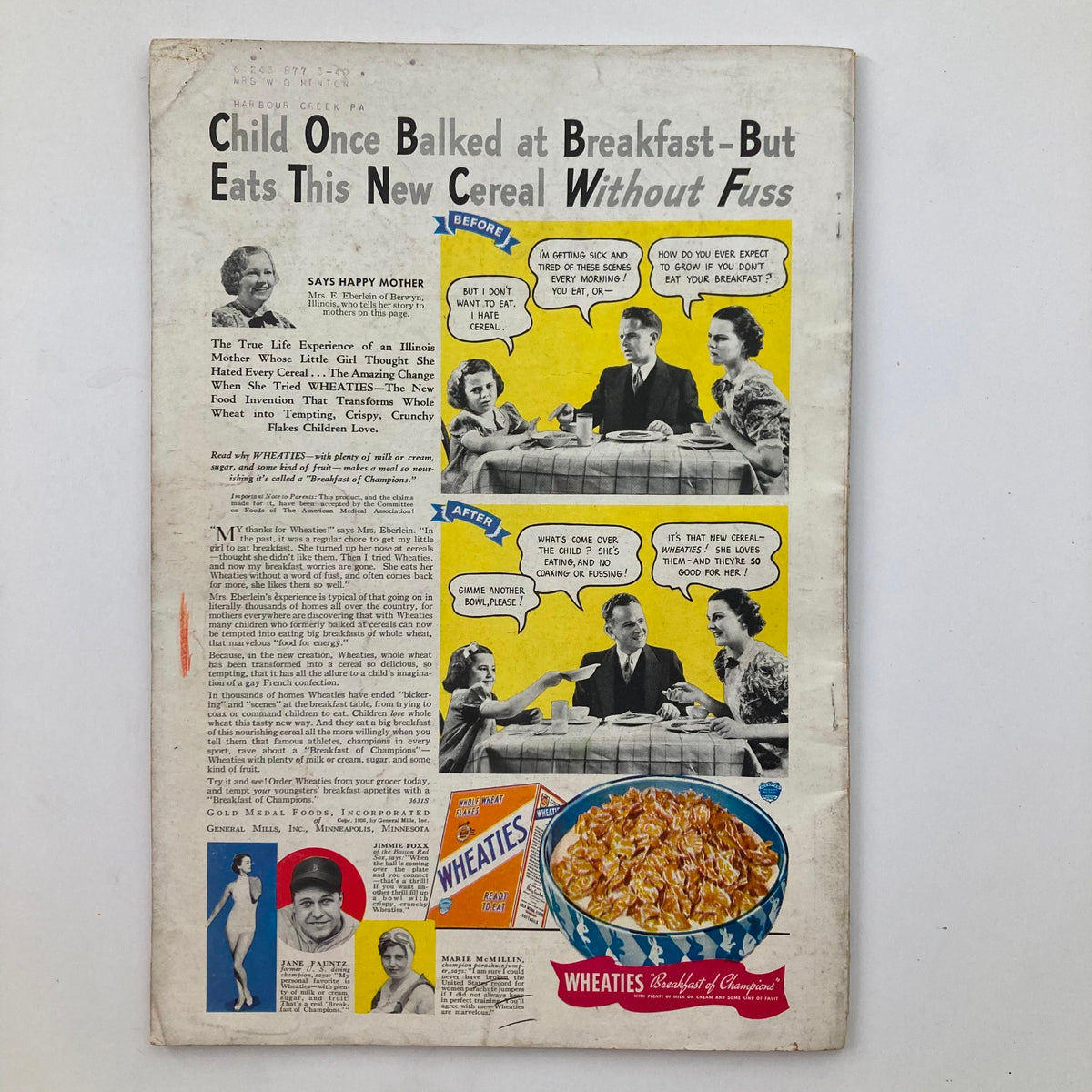 Back cover of Better Homes & Gardens Magazine, August 1936, advertising Wheaties cereal with engaging visuals and a testimonial from a satisfied mother.