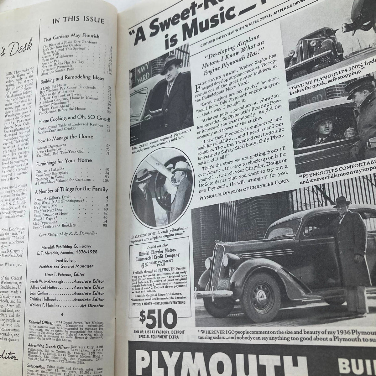 Interior page of Better Homes & Gardens Magazine May 1936 showcasing various articles including home cooking and remodeling ideas.