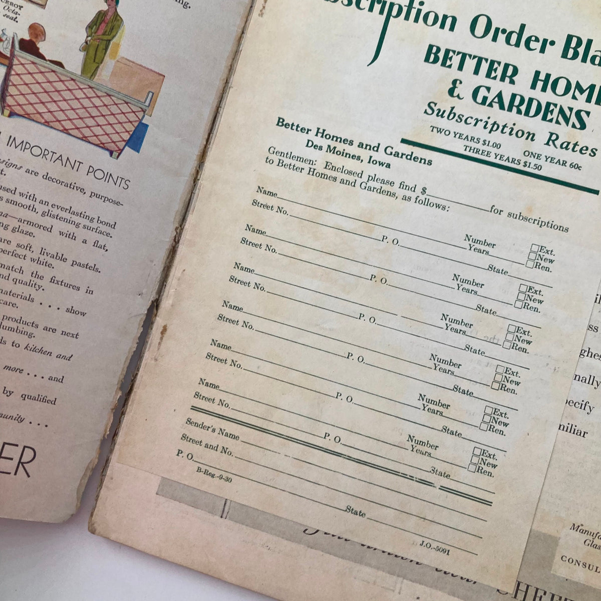 Inside page of Better Homes & Gardens Magazine September 1930 displaying a subscription order form alongside home design articles and illustrations.