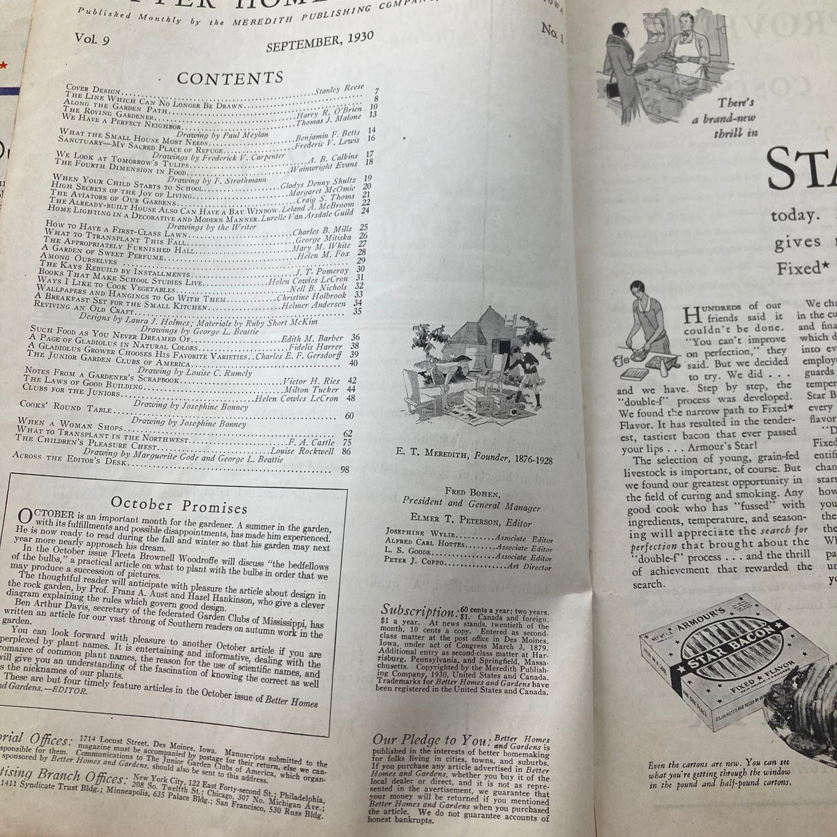Contents page of Better Homes & Gardens Magazine September 1930, detailing articles on home, garden designs, and lifestyle tips, highlighting the magazine's diverse content.