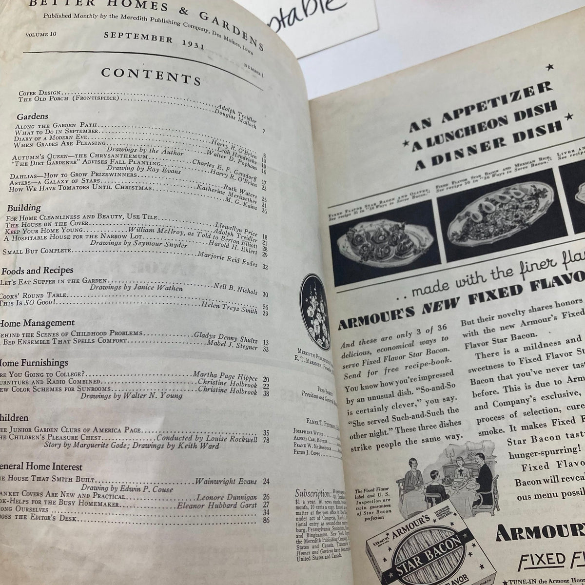 Contents page of Better Homes & Gardens Magazine September 1931 showcasing articles on gardening, building, recipes, and home management from a vintage perspective.