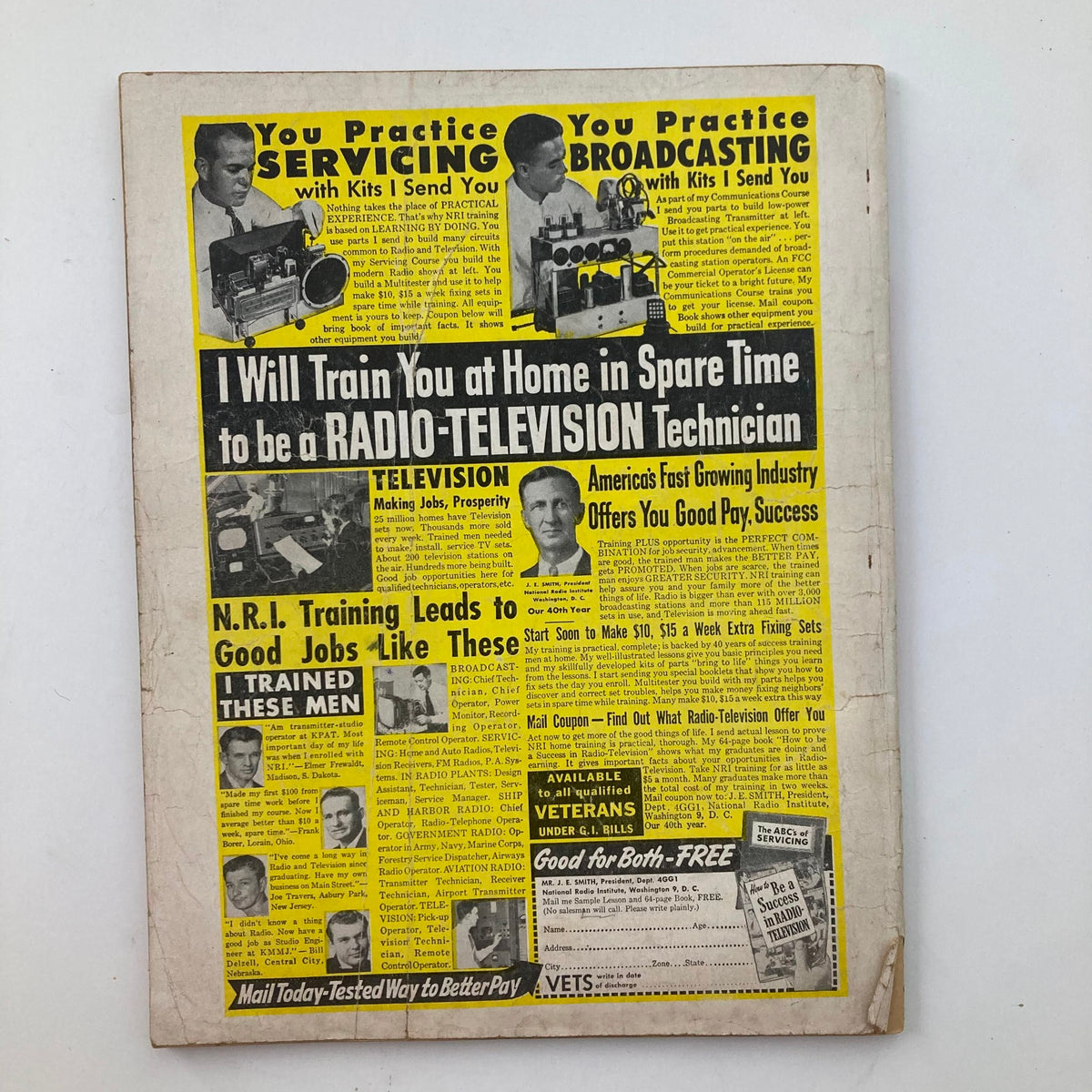 Back cover of VTG Stag Magazine August 1954 featuring vintage advertisement for radio-television technician training, with bold text and images.