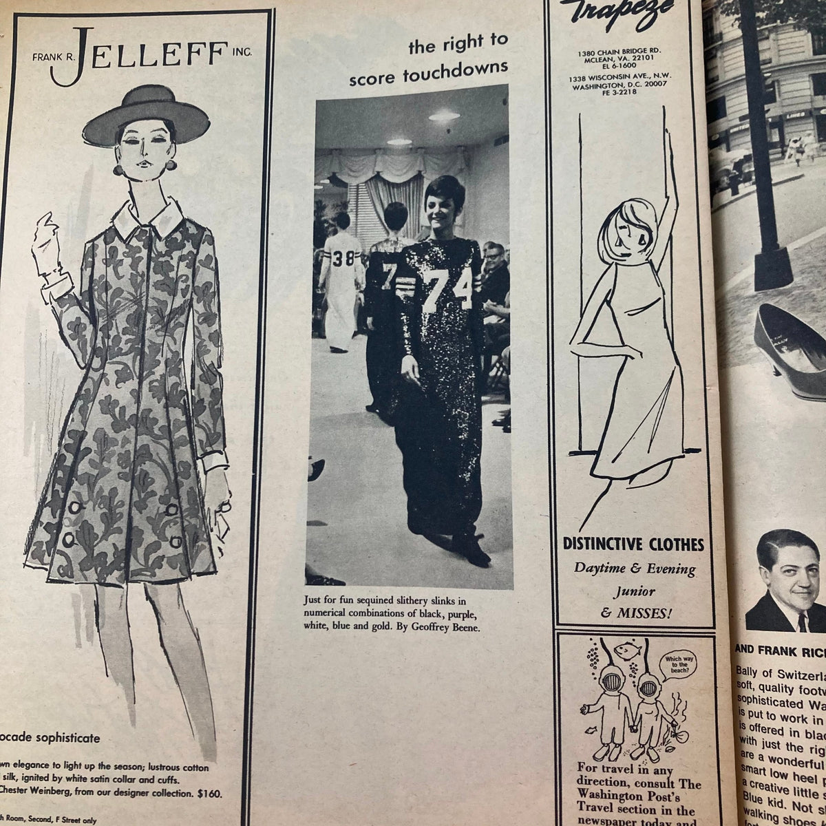 VTG Potomac Fall Fashion Magazine September 10 1967 displaying a fashion model in a sequined dress alongside a pattern illustration, emphasizing the right to score touchdowns in style.