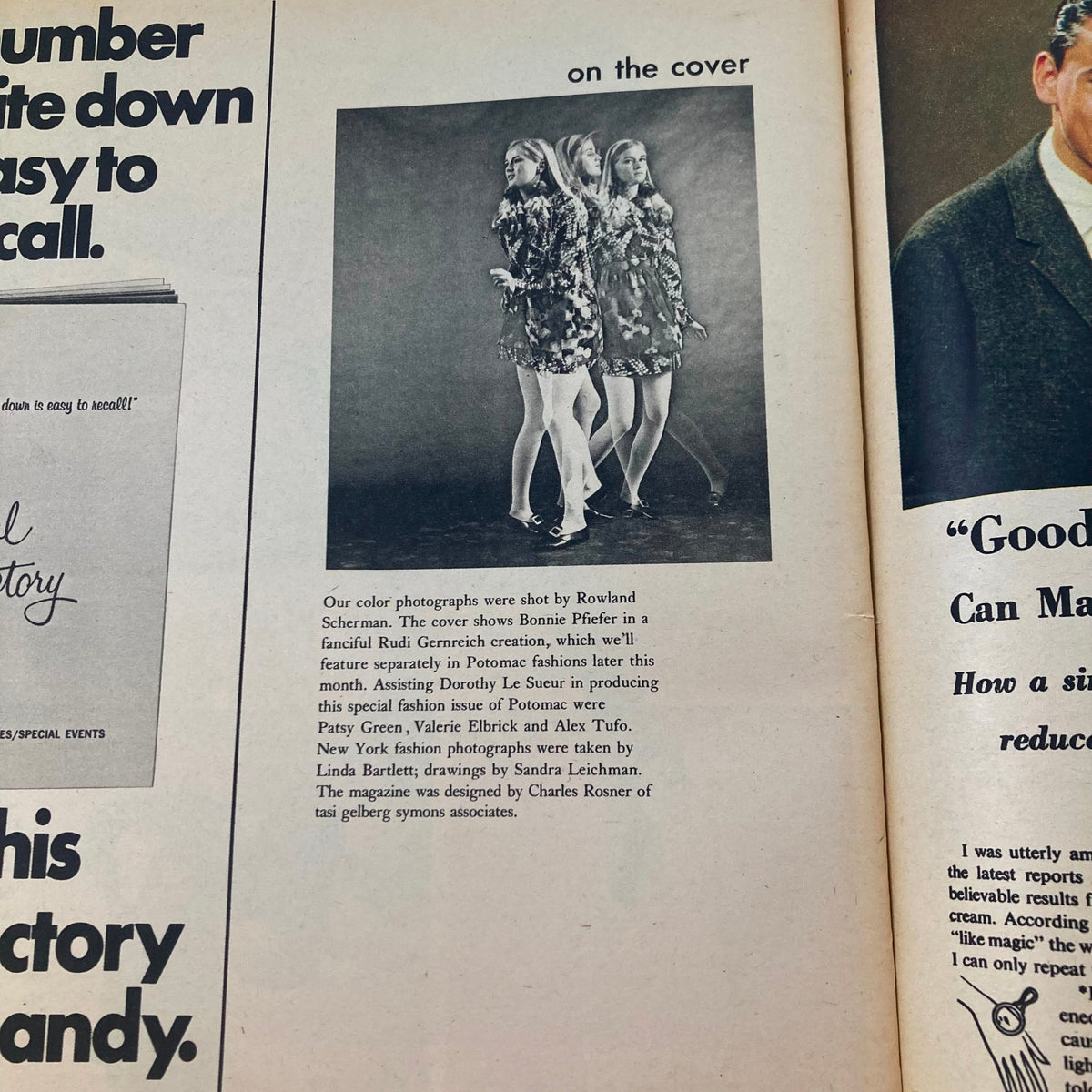 VTG Potomac Fall Fashion Magazine September 10 1967 featuring a behind-the-scenes look at the cover photoshoot with Bonnie Pfiefer in a stylish Rudi Gernreich creation.