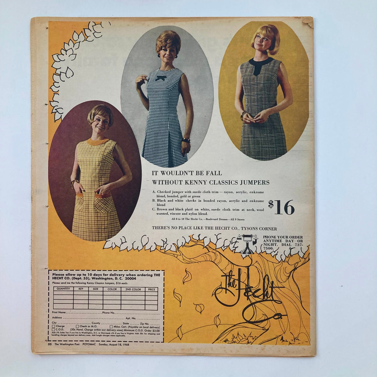 Back cover of VTG Washington Post Potomac Magazine from August 18, 1968, featuring a fashion advertisement for Kenny Classics Jumpers and descriptions of seasonal styles.