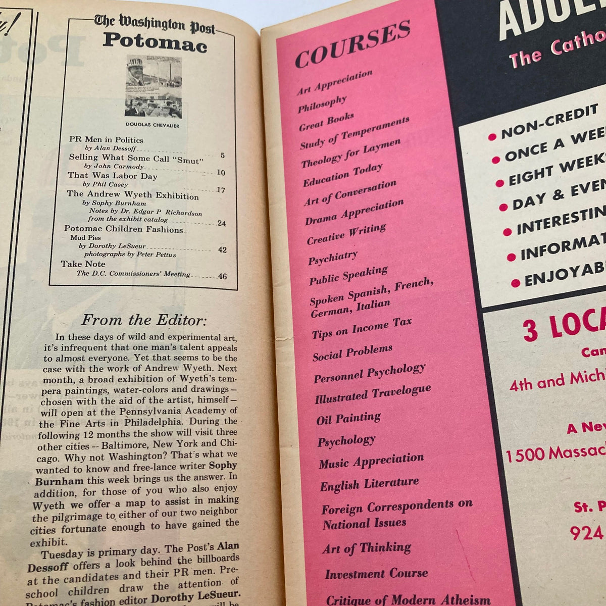 VTG Washington Post Potomac Magazine September 11 1966 interior page displaying a contents list including 'The Andrew Wyeth Exhibition' and various courses, signifying the cultural context of the era.