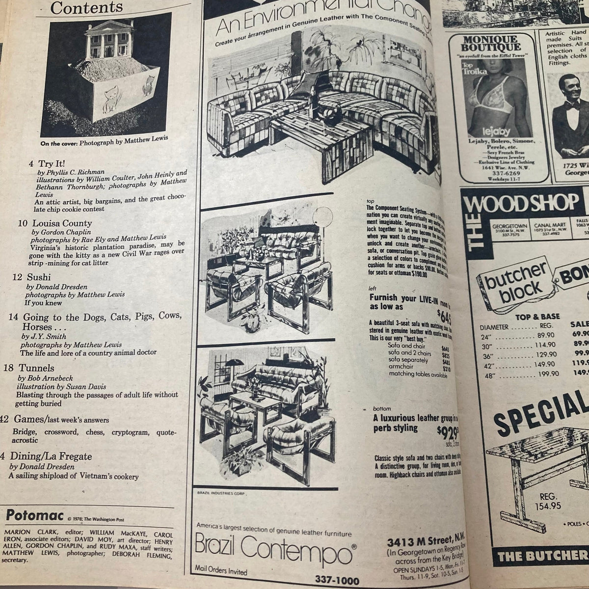 Content page from VTG Washington Post Potomac Magazine October 3, 1976 showcasing various articles including 'Louisa County' and 'Going to the Dogs, Cats, Pigs, Cows...'. This page highlights illustrations and photography by Matthew Lewis.