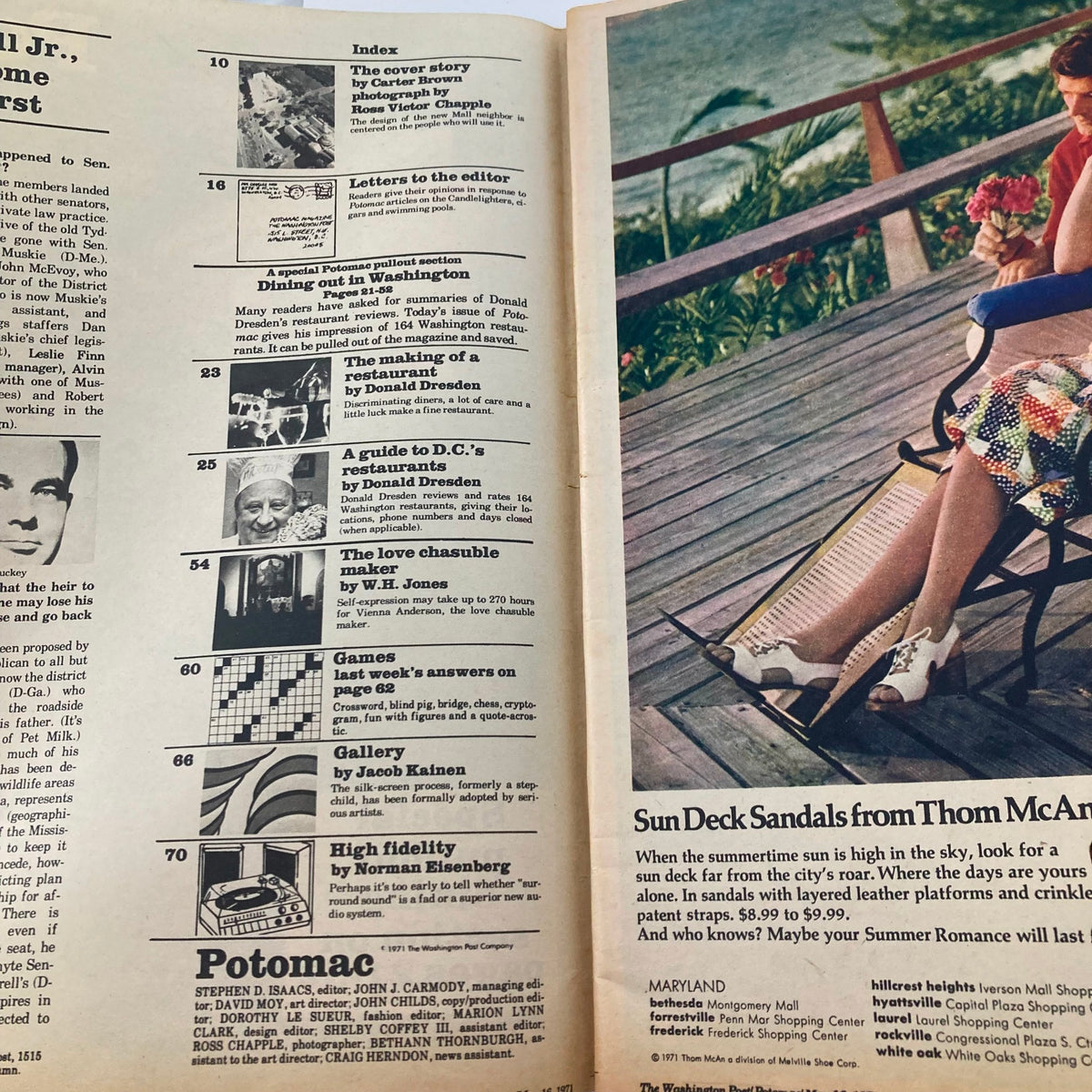 Inside page of VTG Washington Post Potomac Magazine, dated May 16, 1971, displaying the index and various sections including dining recommendations and cultural articles related to Washington.