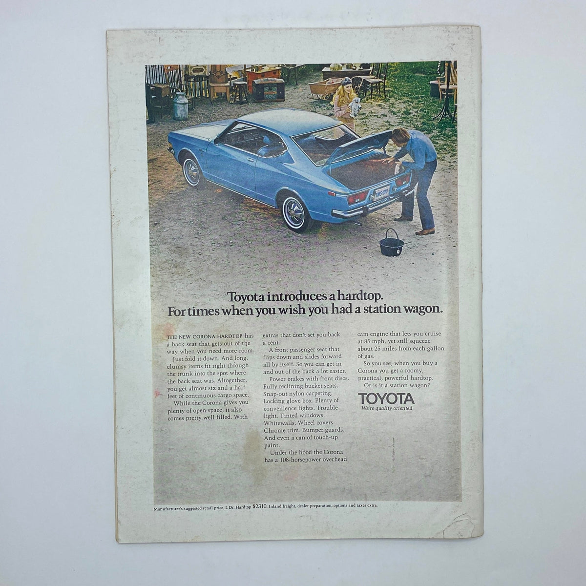 Back cover advertisement of The New Yorker Complete Magazine August 7, 1971 promoting the Toyota Corona Hardtop, highlighting its features and practicality.