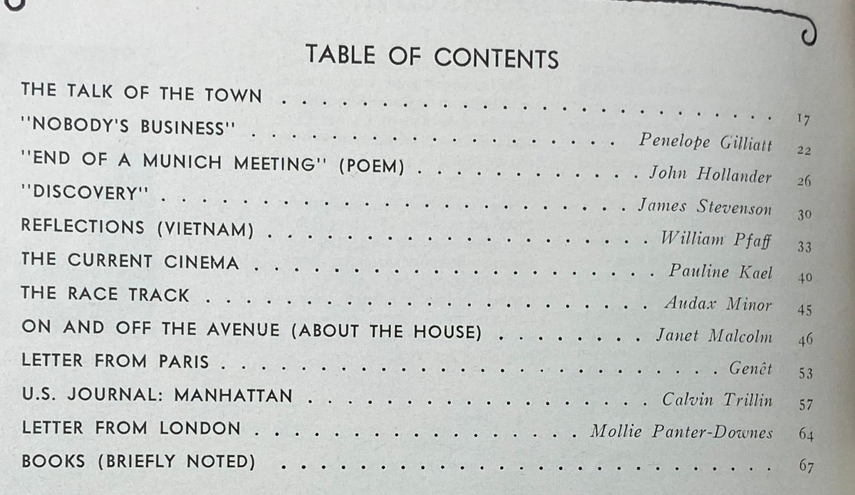 Table of contents from The New Yorker Complete Magazine July 3, 1971, listing articles and authors including Penelope Gilliatt and John Hollander.