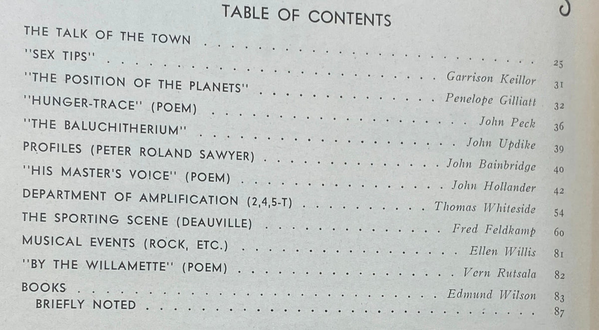 Table of Contents from The New Yorker Complete Magazine August 14, 1971 featuring notable articles such as 'SEX TIPS' by Garrison Keillor and 'HUNGER-TRACE' by John Peck.