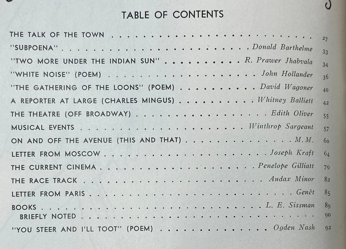 Table of contents from The New Yorker Complete Magazine May 29, 1971, listing featured articles including 'THE TALK OF THE TOWN' and 'SUBPOENA'.