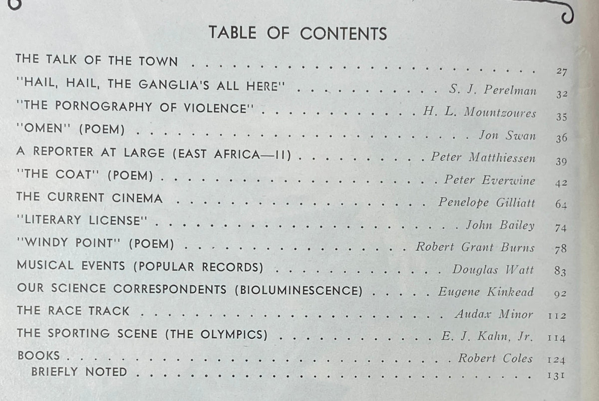 Table of contents from The New Yorker Complete Magazine September 23, 1972 listing notable articles like 'Hail, Hail, The Ganglia's All Here' and 'The Pornography of Violence'.