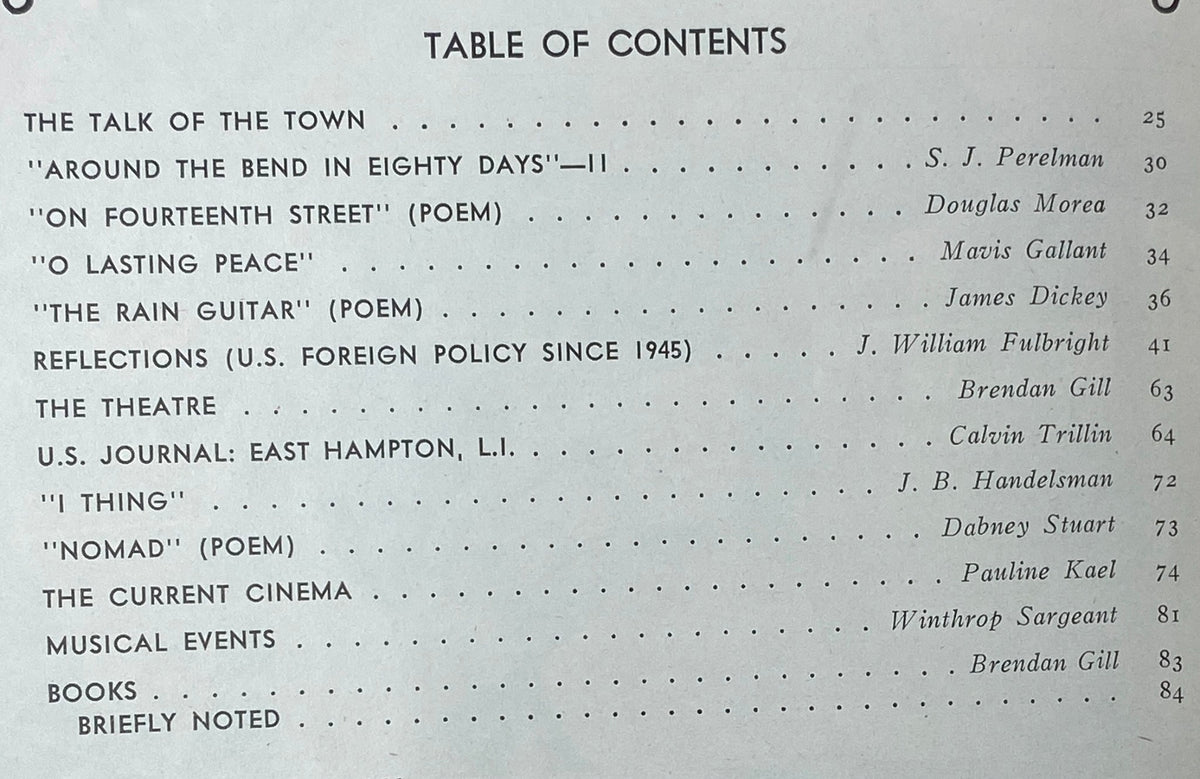 Table of Contents from The New Yorker Complete Magazine January 8, 1972, listing articles such as 'The Talk of the Town' and poetry by various authors, showcasing the literary richness of the publication.