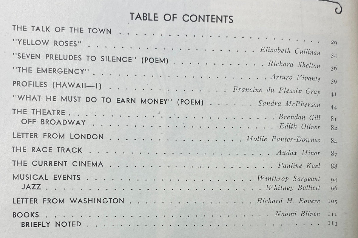 Inside page of The New Yorker magazine March 4, 1972 displaying the Table of Contents, listing notable articles and poems from that issue.