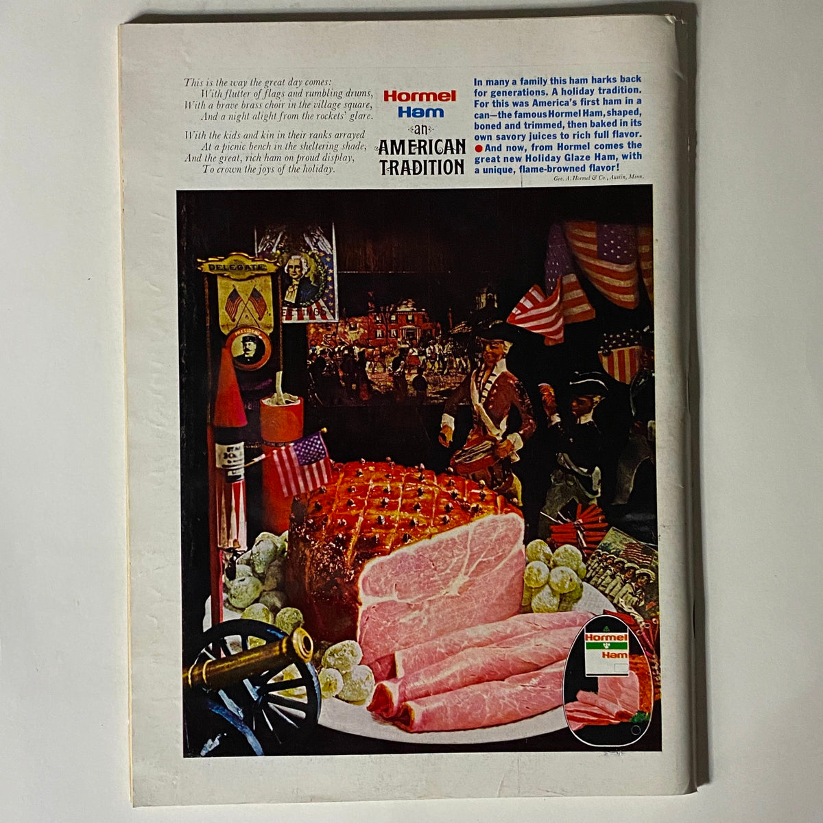 Back cover advertisement of Hormel Ham in The New Yorker Magazine from June 10, 1972 showcasing an American tradition theme with ham and festive decorations.