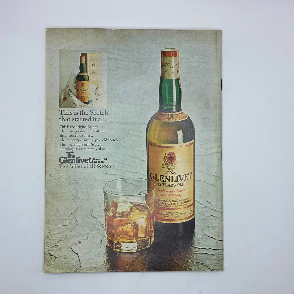 Advertisement for The Glenlivet 12-Year-Old Scotch found in The New Yorker Complete Magazine October 4, 1976, showcasing a bottle and glass of Scotch on a rustic surface.
