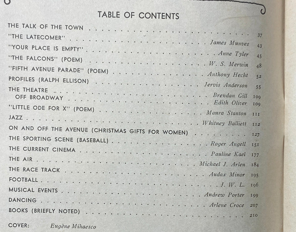 Table of contents for The New Yorker Complete Magazine November 22, 1976, highlighting articles and poems including "The Latecomer" and profiles.