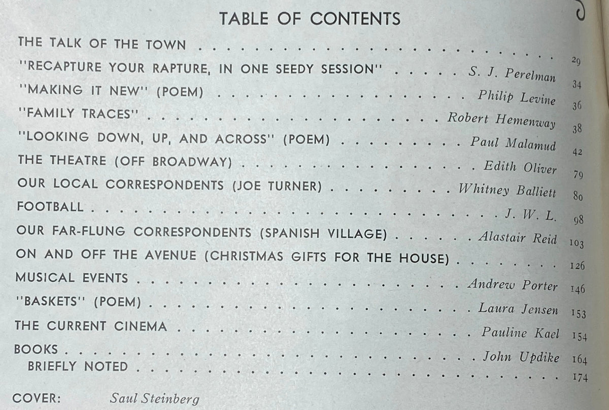 The table of contents page from The New Yorker Complete Magazine November 29, 1976, detailing articles and poems including 'Recapture Your Rapture, in One Seedy Session' and 'Making It New'.