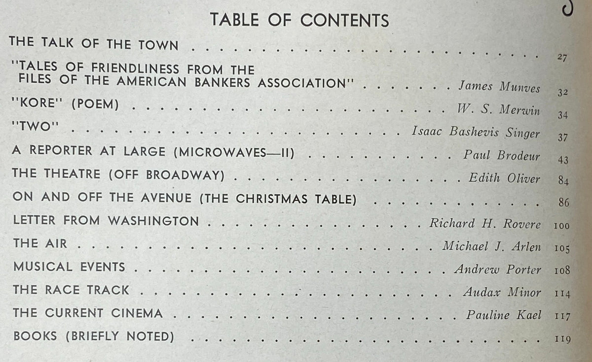 Table of Contents from The New Yorker Complete Magazine December 20, 1976, featuring notable articles and contributors such as James Munves and Isaac Bashevis Singer.