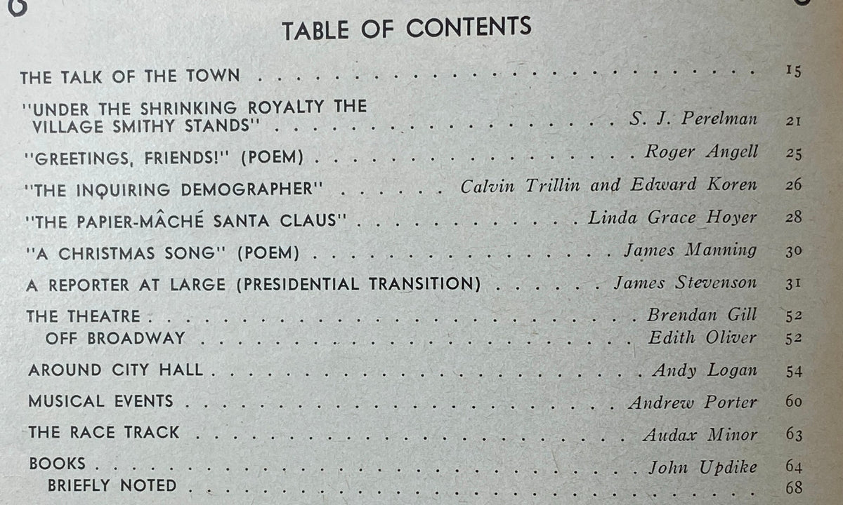 Table of contents from The New Yorker Complete Magazine December 27, 1976, displaying featured articles and authors including S. J. Perelman and Calvin Trillin.
