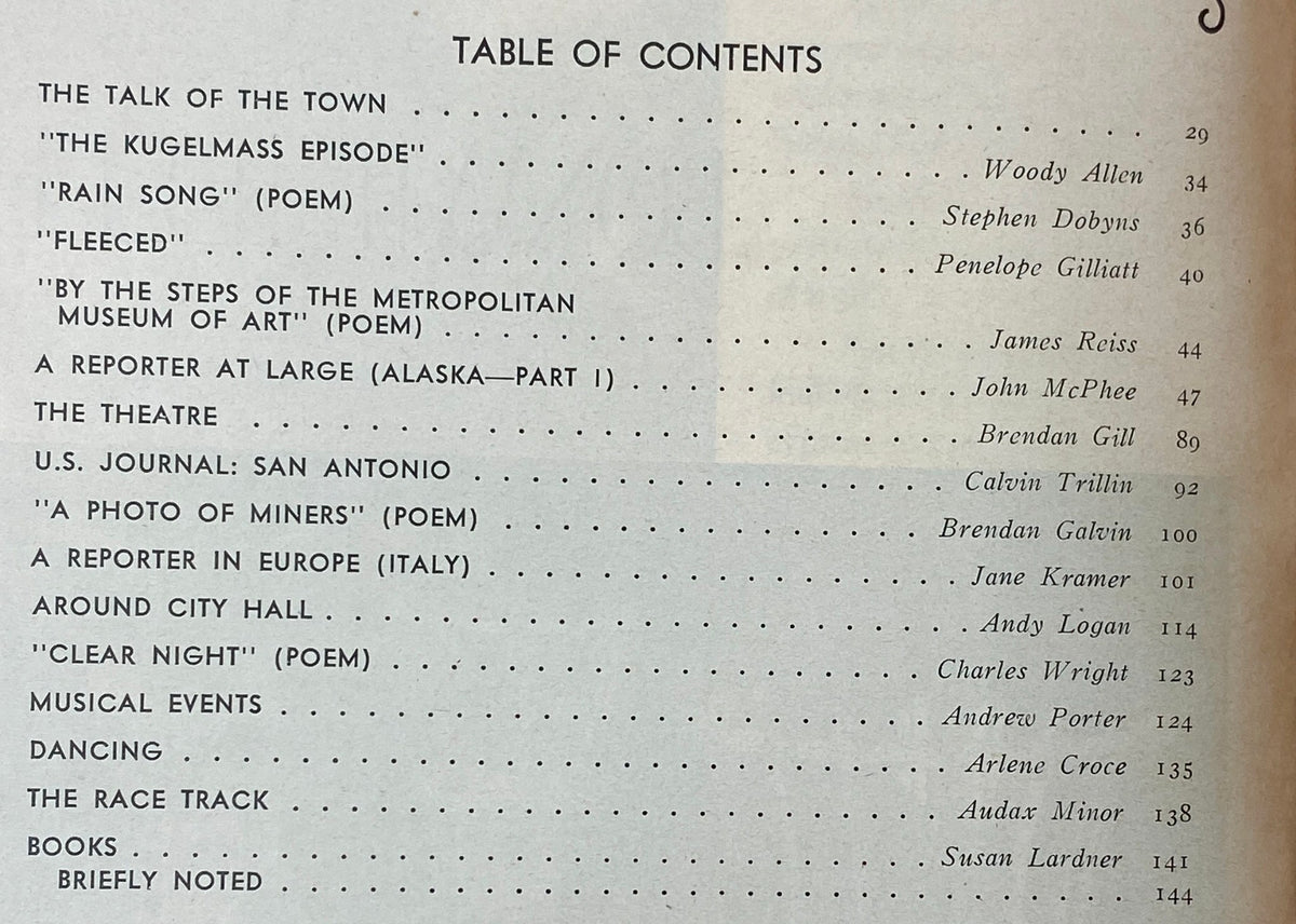 Table of contents from The New Yorker magazine, May 2, 1977, listing notable features including 'The Kugelmass Episode' by Woody Allen and other literary works.