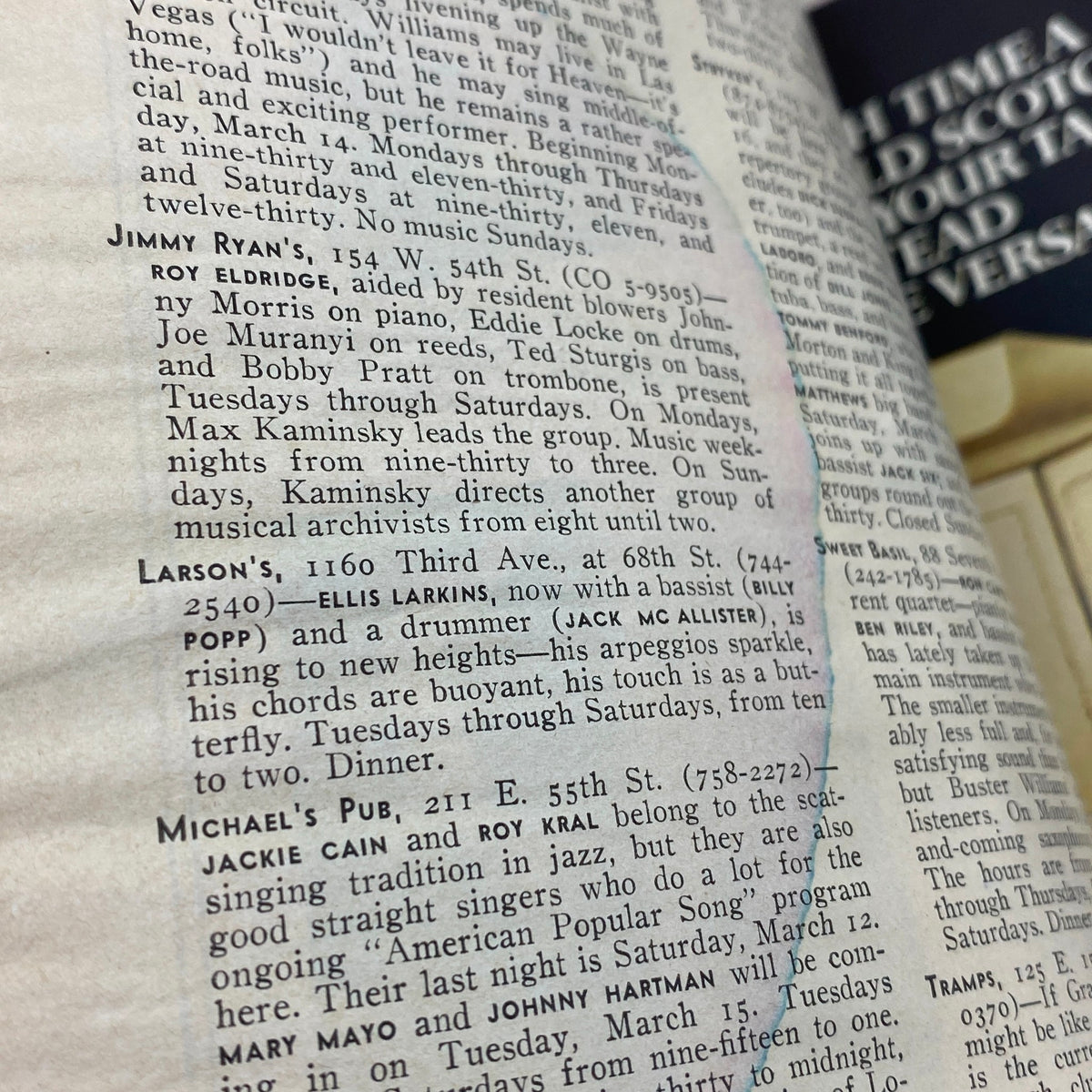 Inside page of The New Yorker Complete Magazine March 14, 1977, showing event listings for jazz music performances, highlighting notable musicians.