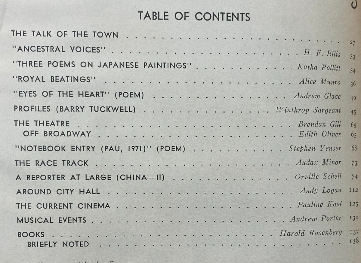 Table of contents from The New Yorker Complete Magazine March 14, 1977, outlining featured articles and poems within the issue.