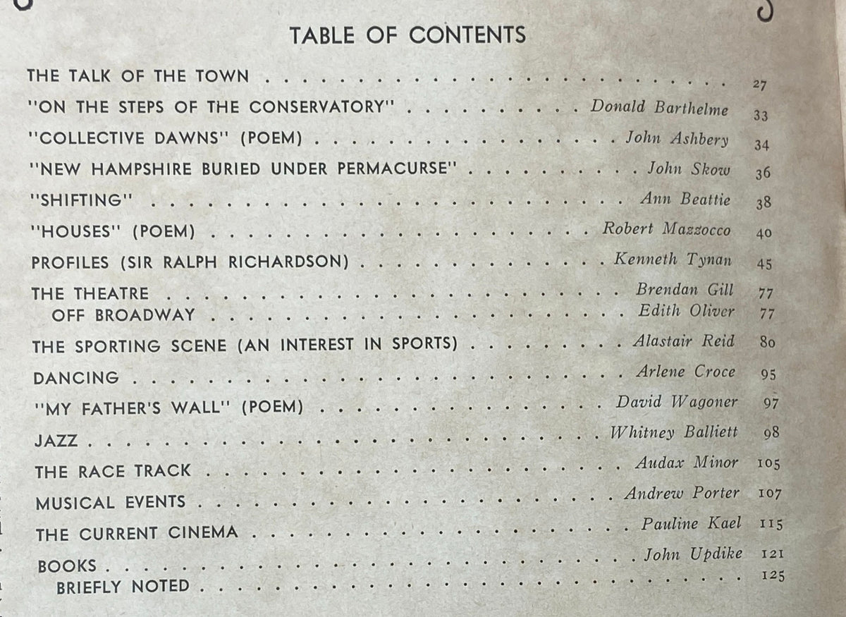 Table of contents for The New Yorker Complete Magazine February 21, 1977, listing notable articles and poems by celebrated writers.