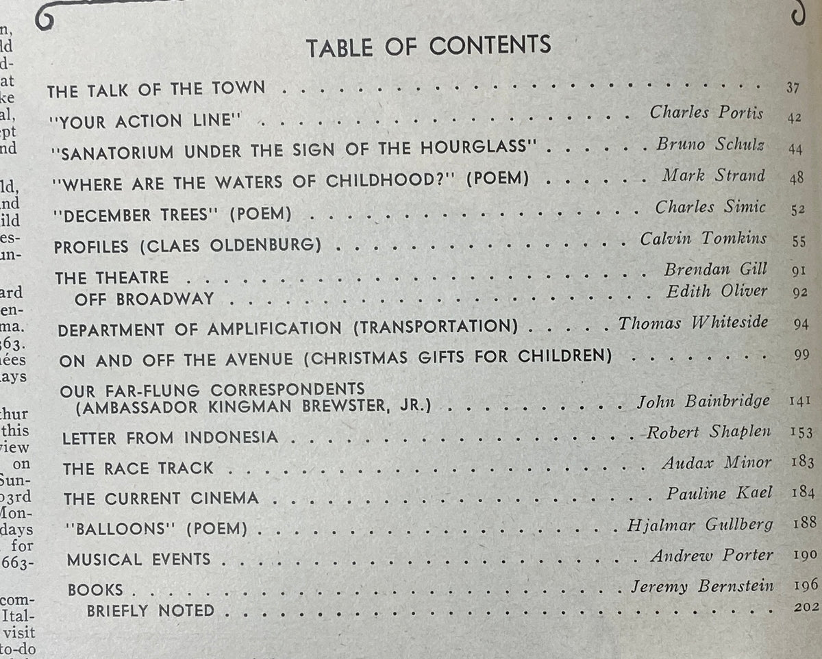 Table of contents for The New Yorker Complete Magazine December 12, 1977, listing notable articles and poetry contributions, highlighting the rich literary and cultural discourse of the time.