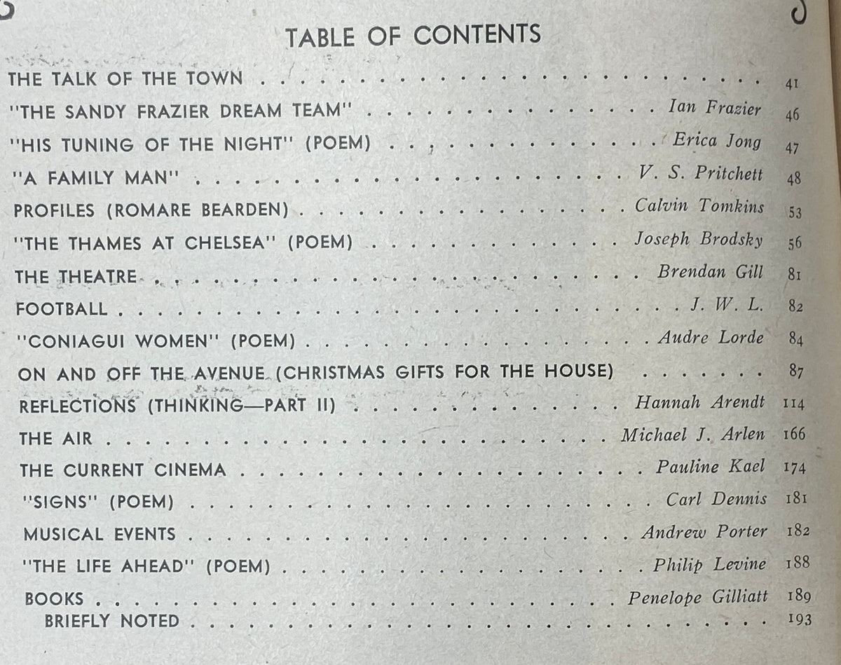 Table of contents from The New Yorker magazine, November 28, 1977, listing articles and poems, including contributions from Ian Frazier, Erica Jong, and Audre Lorde.