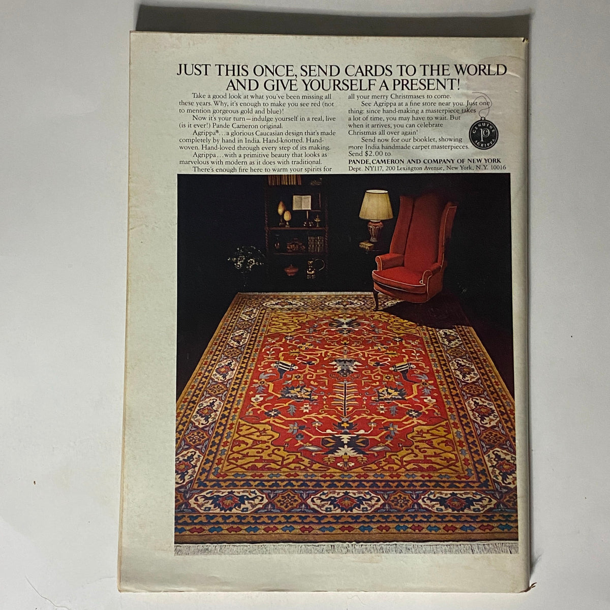 The back cover of The New Yorker Complete Magazine, November 28, 1977, featuring an advertisement for elegant carpets, showcasing a beautifully designed Persian carpet in a cozy living room setting with a red armchair and soft lighting.
