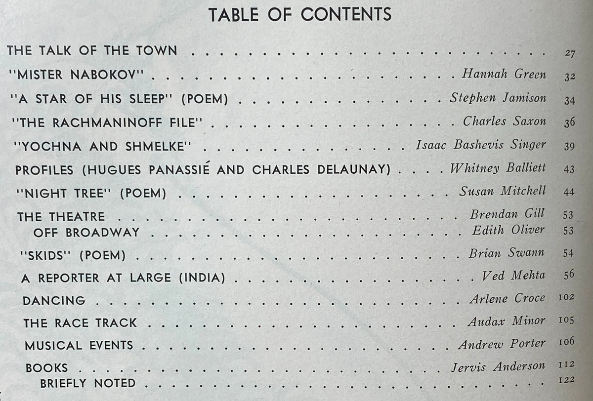 Table of contents page from The New Yorker Complete Magazine February 14, 1977 highlighting various articles, poems, and features.