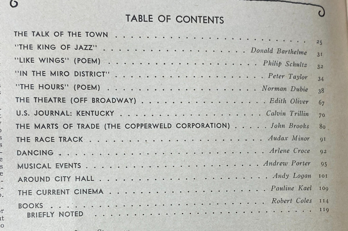 Table of contents from The New Yorker Complete Magazine February 7, 1977, listing notable articles and features including 'The Talk of the Town' and contributions from various writers.