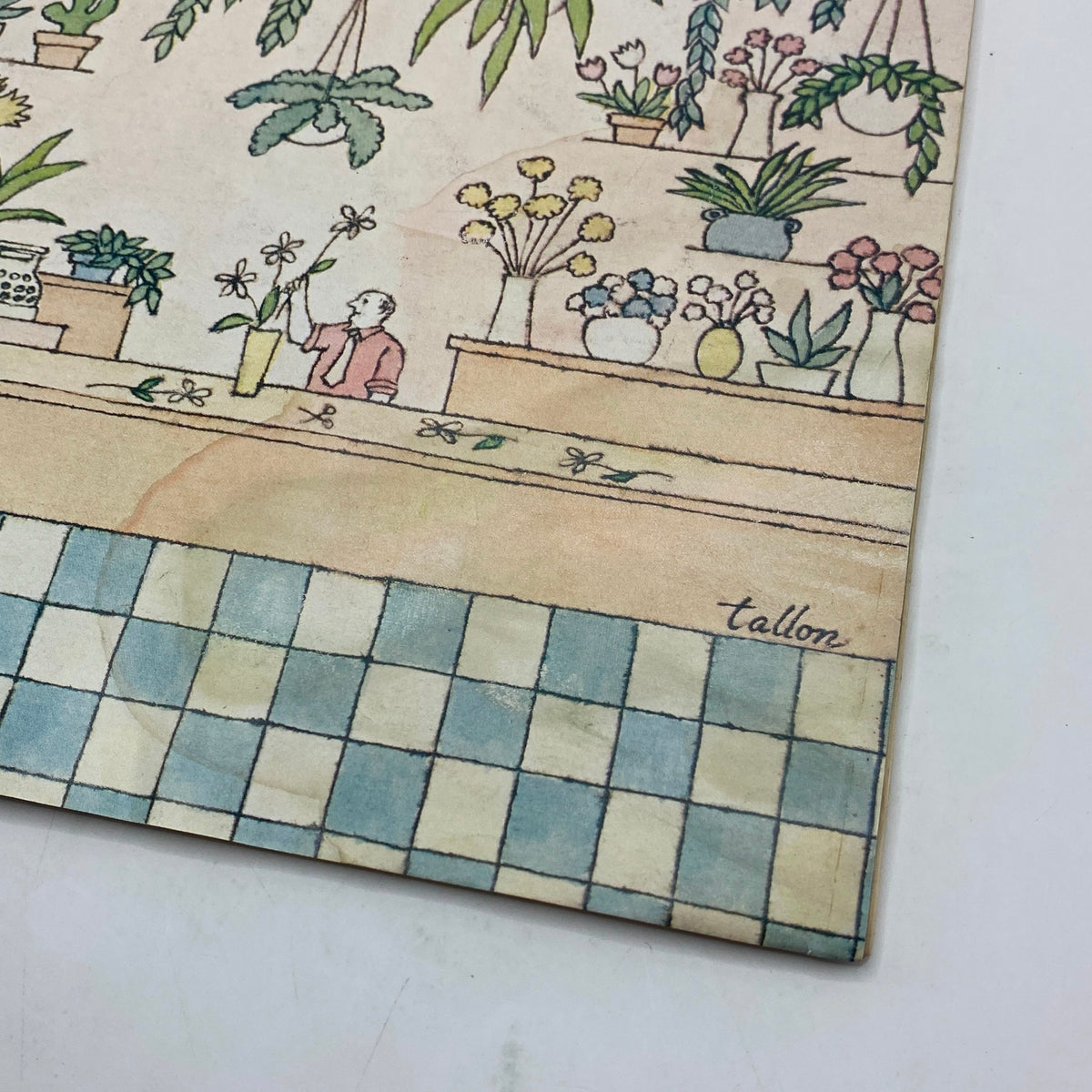 Close-up of the artwork on the cover of The New Yorker, January 31, 1977, illustrating a man arranging flowers in a pot shop designed by Robert Tallon.