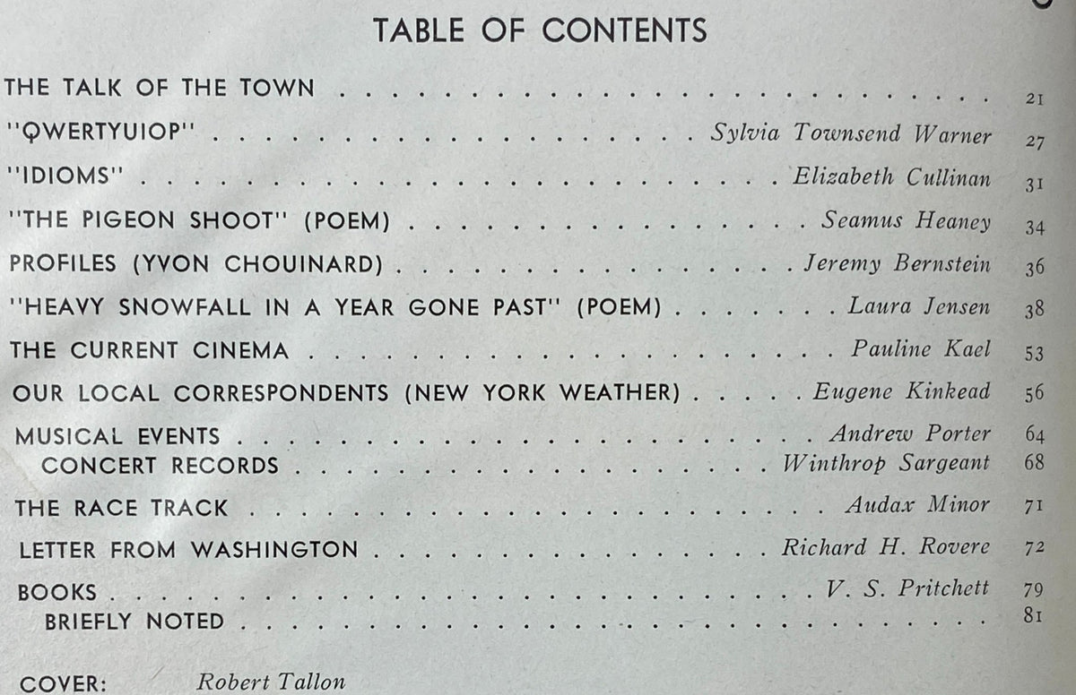 Table of contents from The New Yorker, January 31, 1977, listing featured articles and poetry, including works by Seamus Heaney and profiles of notable figures.