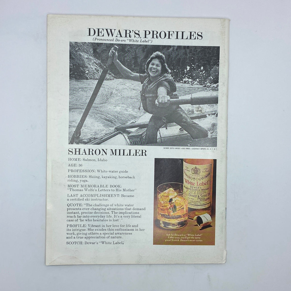 Profile feature from The New Yorker, January 31, 1977, highlighting Sharon Miller, a white-water guide from Idaho, alongside an advertisement for Dewar's whiskey.