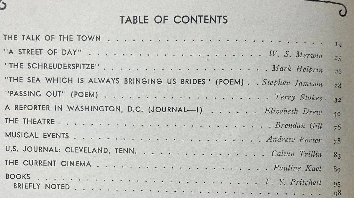 Table of contents from The New Yorker magazine January 10, 1977, listing articles and poems including works by W.S. Merwin, Mark Helprin, and others.