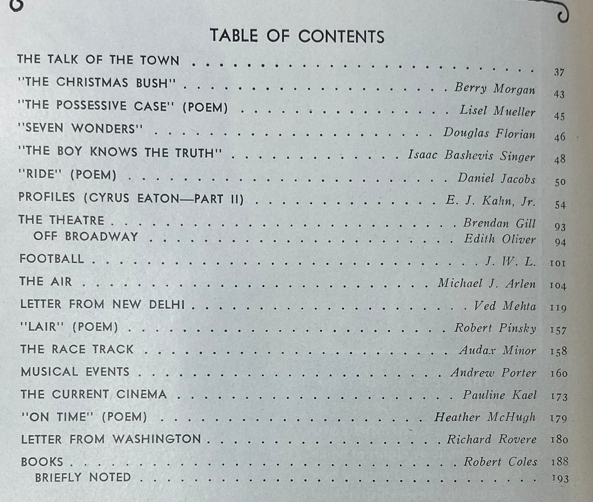 Table of contents from The New Yorker, October 17, 1977, listing engaging articles and poetic features, showcasing the diverse content of this vintage magazine.