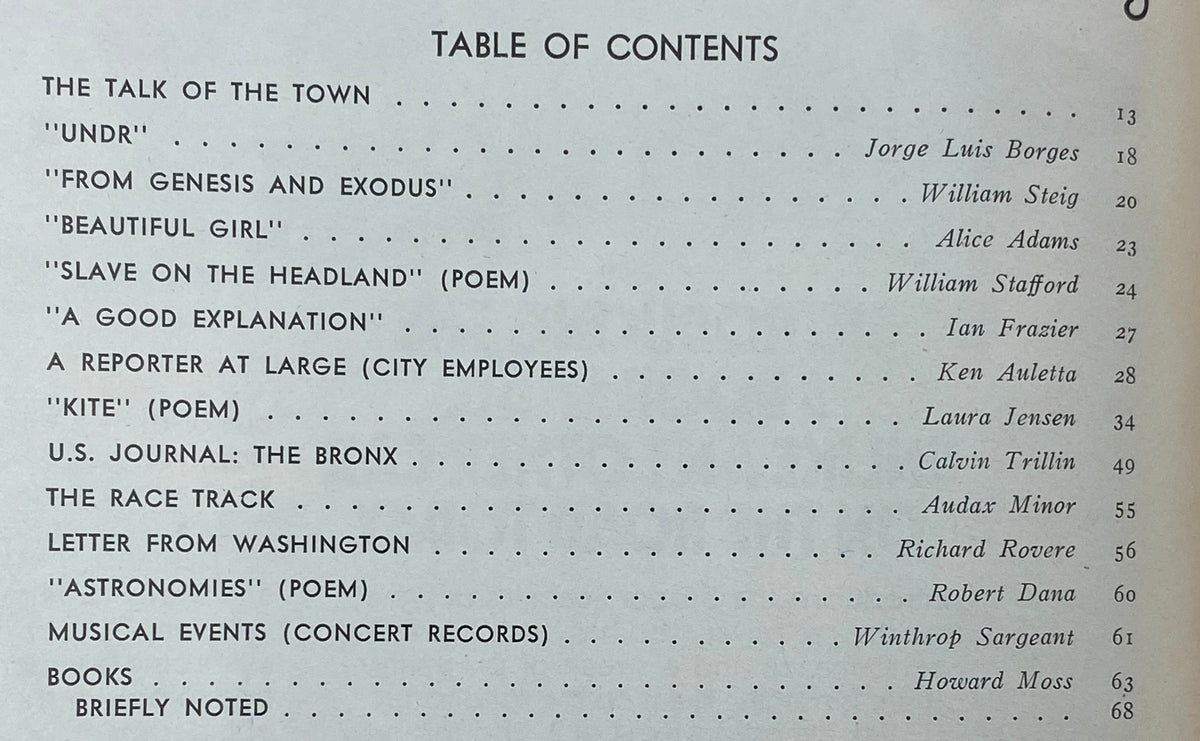 Table of contents of The New Yorker Complete Magazine August 1, 1977, listing featured articles and poetry, including contributions by Jorge Luis Borges and Alice Adams.