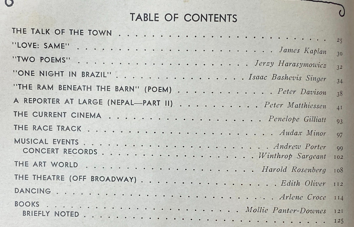 Table of contents page from The New Yorker Complete Magazine dated April 3, 1978, listing articles and features including 'The Talk of the Town' and 'One Night in Brazil'.
