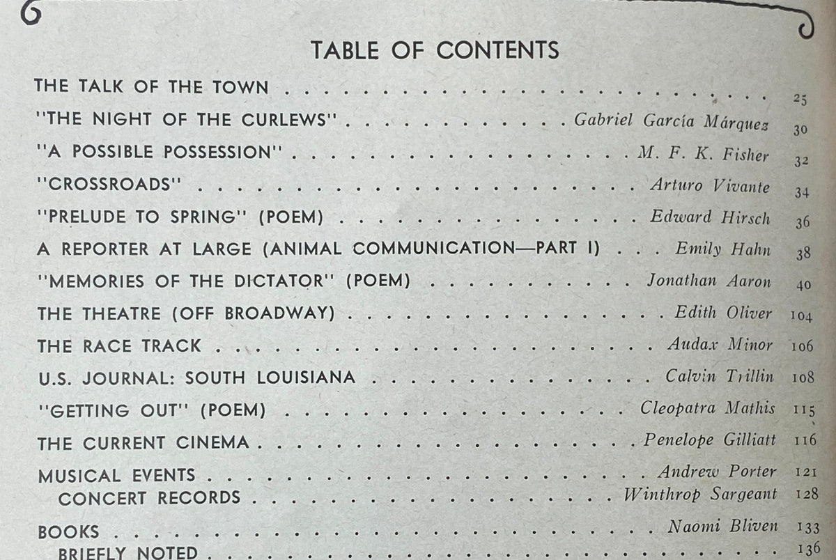 Table of contents for The New Yorker magazine, April 17, 1978, including notable articles and poems by Gabriel García Márquez and Edward Hirsch.