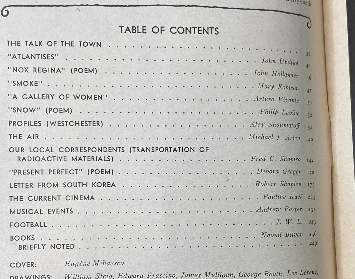 Table of contents from The New Yorker Complete Magazine November 13, 1978, listing articles like 'Atlantises' by John Updike and 'Nox Regina' by John Hollander.