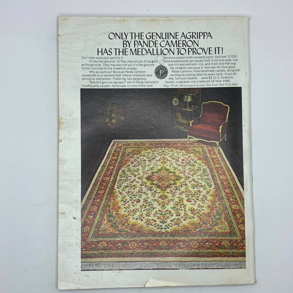 Back cover of The New Yorker Complete Magazine November 27, 1978, displaying an advertisement for Pande Cameron rugs, featuring a decorative carpet in an interior setting.